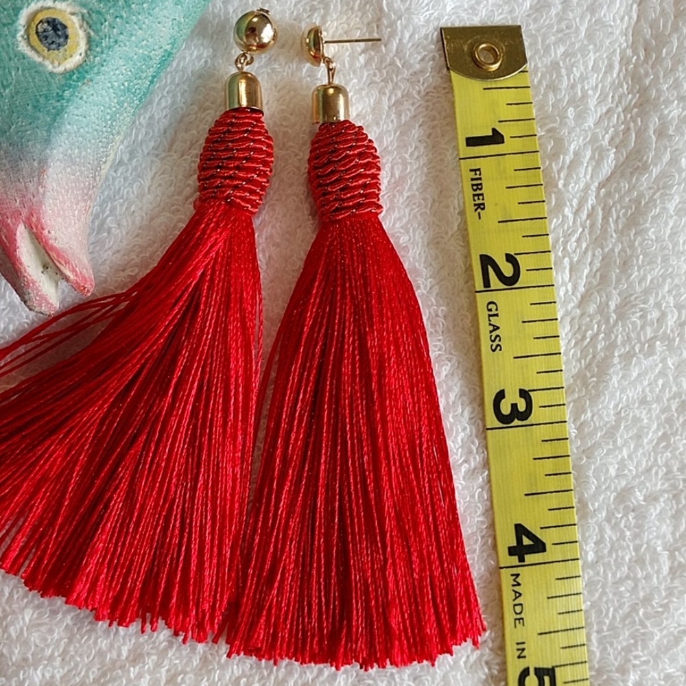 NEW Red Tassel Earrings Fringe Shimmer Goldtone Cut Adjust Length Boho Pierced - Picture 7 of 7